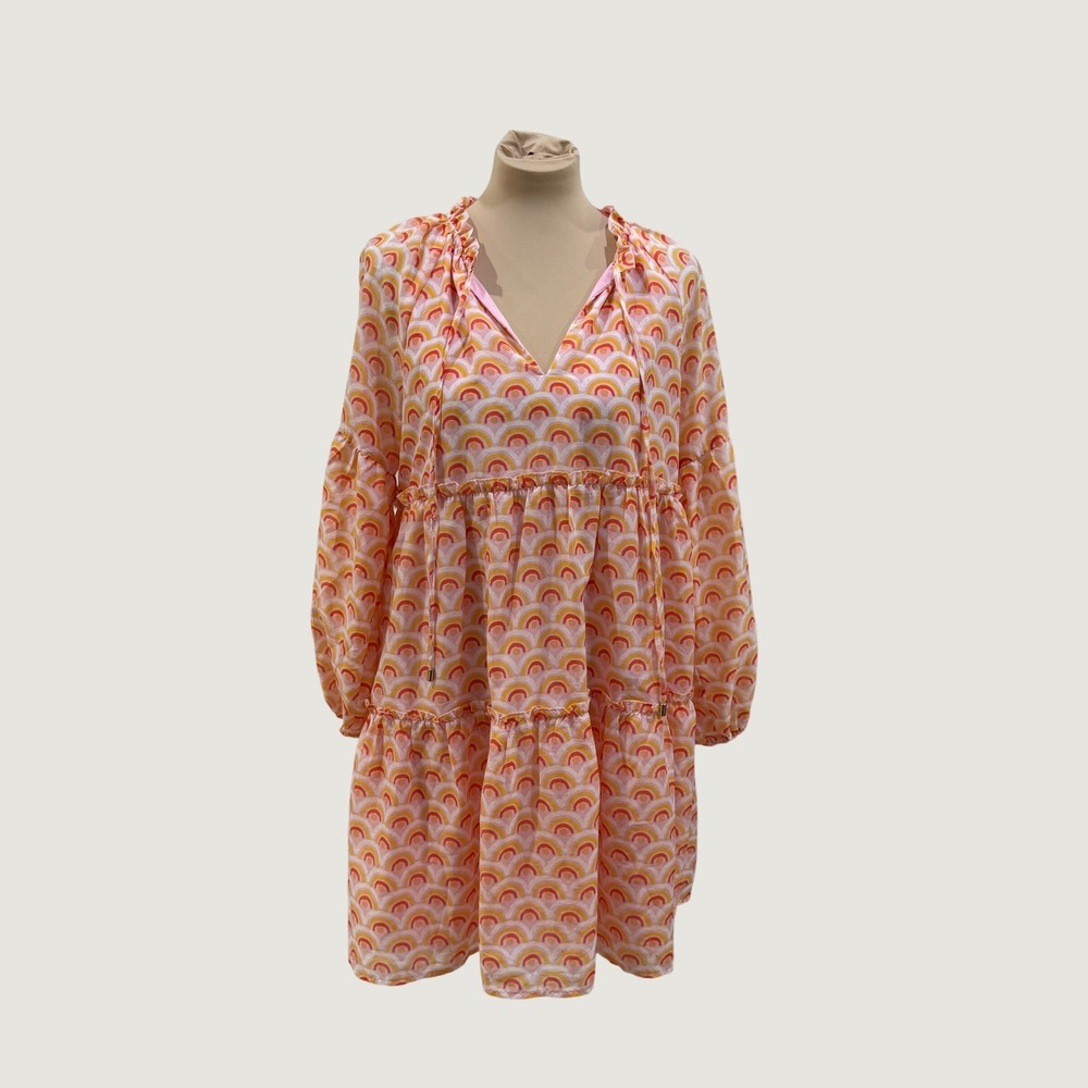 J.Marie Rainbow Tiered Mini Dress Pink Orange Size L Boho Coastal Preppy